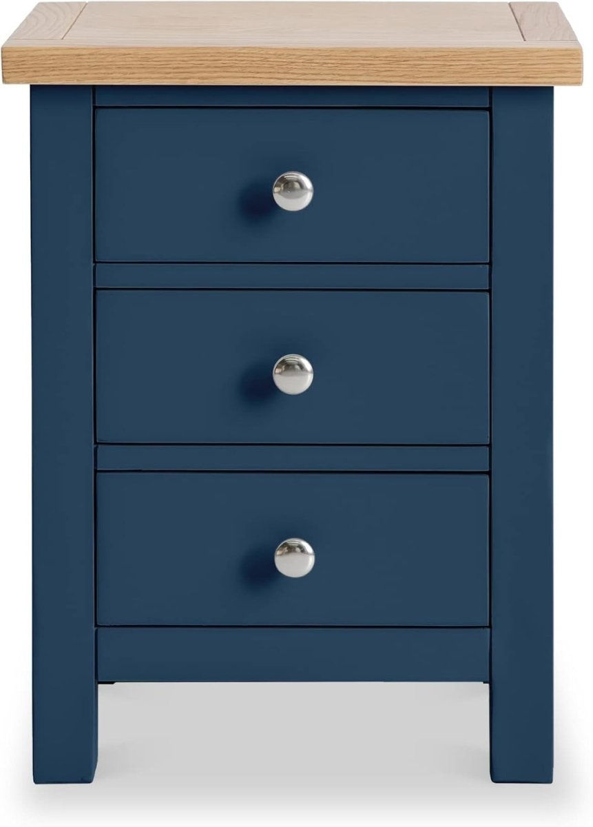 Navy Blue 3 Drawer Bedside Table with Solid Oak Top Fully Assembled 42x32x56cm - Kwikley