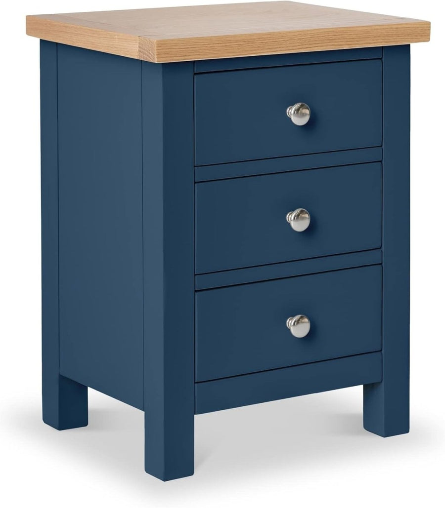 Navy Blue 3 Drawer Bedside Table with Solid Oak Top Fully Assembled 42x32x56cm - Kwikley