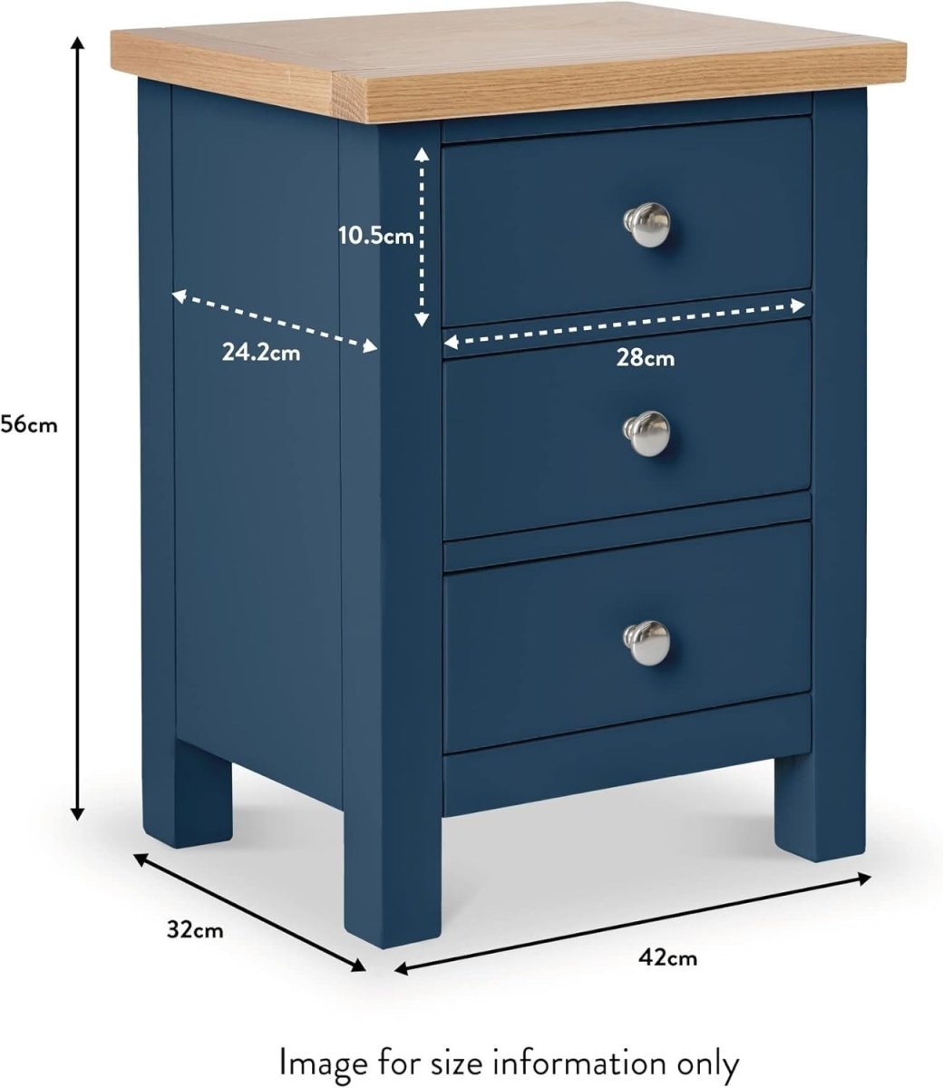 Navy Blue 3 Drawer Bedside Table with Solid Oak Top Fully Assembled 42x32x56cm - Kwikley