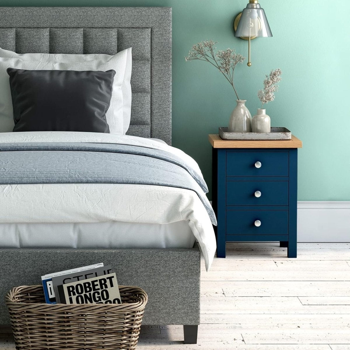 Navy Blue 3 Drawer Bedside Table with Solid Oak Top Fully Assembled 42x32x56cm - Kwikley