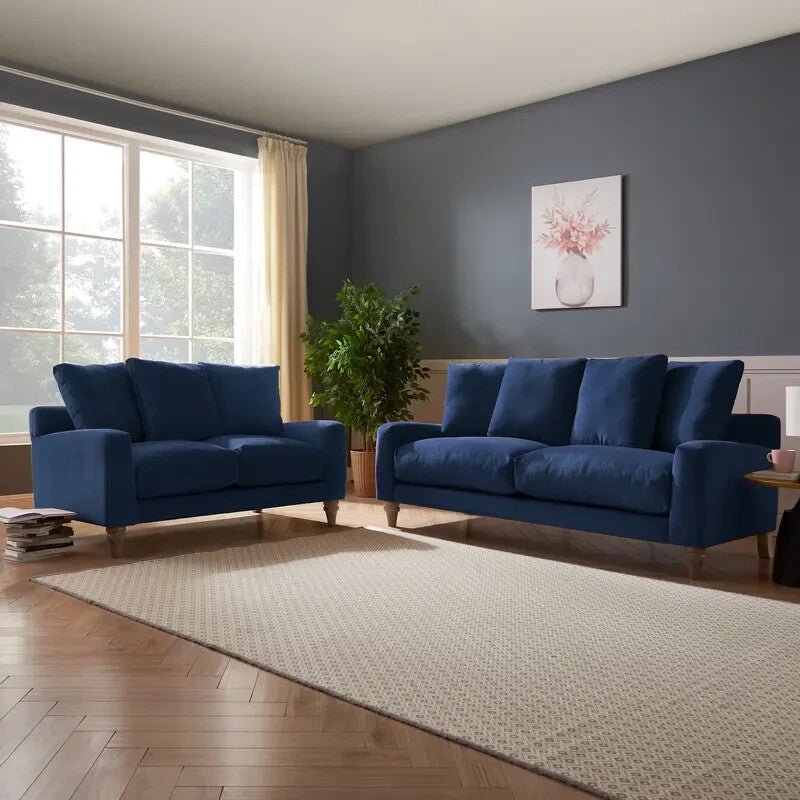 Navy Blue 3 Seater Sofa Scatter Cushions Deep Seat Velvet Modern Lounge - Kwikley