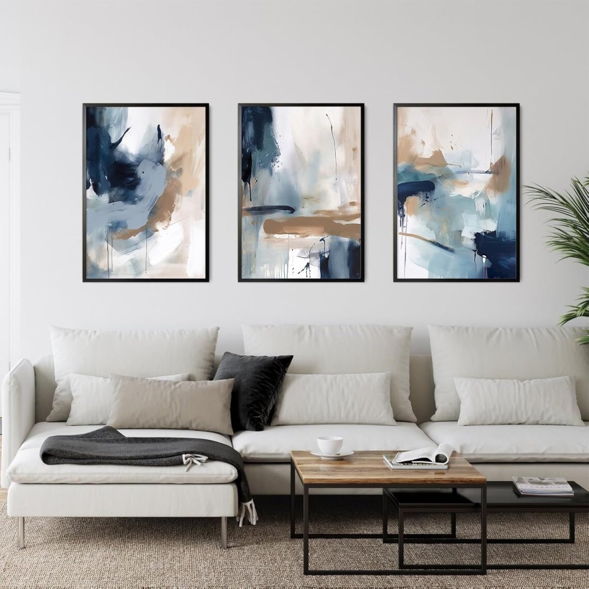 Navy Blue Abstract Wall Art Set 12x16in Canvas Prints x3 - Kwikley