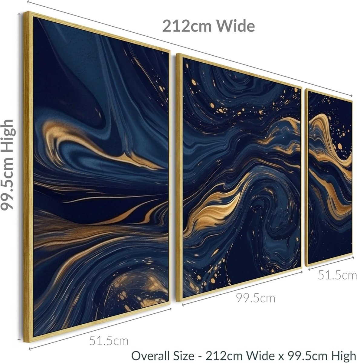 Navy Blue Gold 3 - Piece Abstract Canvas Wall Art XXL Framed Set - Kwikley