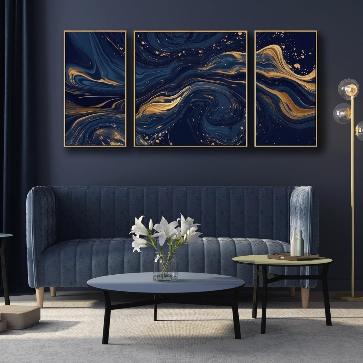 Navy Blue Gold 3 - Piece Abstract Canvas Wall Art XXL Framed Set - Kwikley