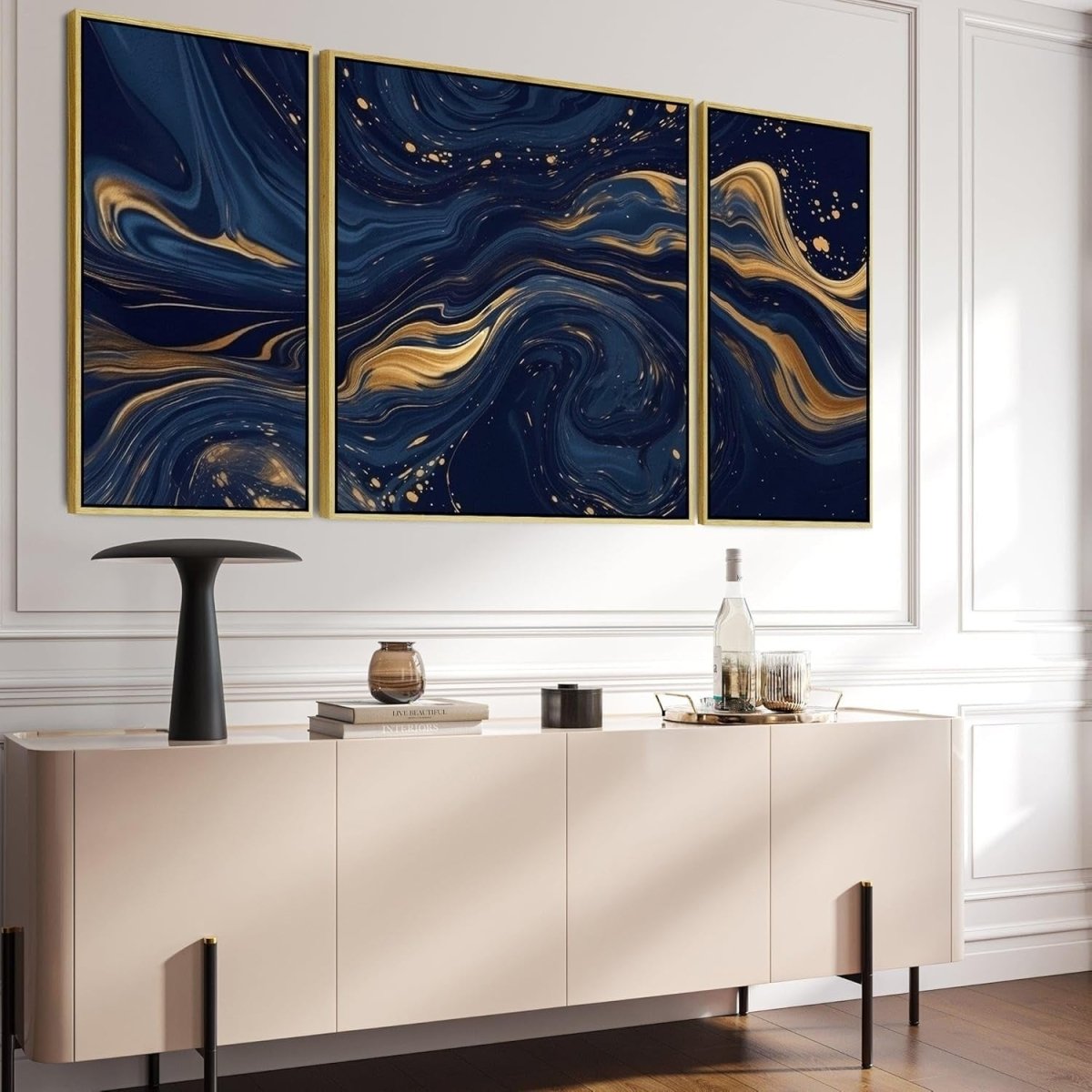 Navy Blue Gold 3 - Piece Abstract Canvas Wall Art XXL Framed Set - Kwikley