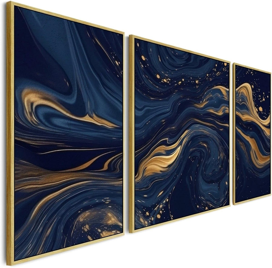 Navy Blue Gold 3 - Piece Abstract Canvas Wall Art XXL Framed Set - Kwikley