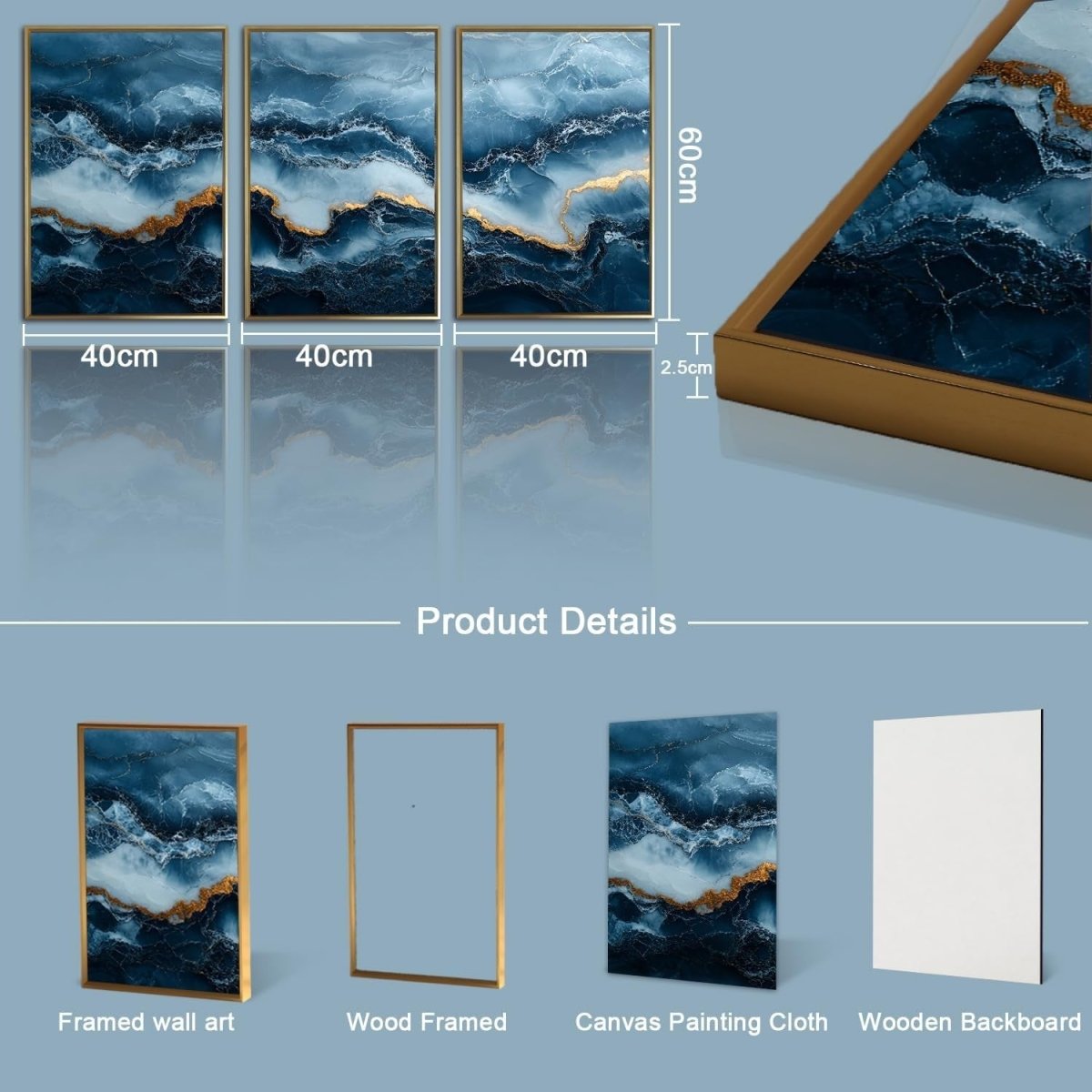 Navy Blue Gold Abstract Marble Wall Art Set 3 Framed 40x60cm - Kwikley