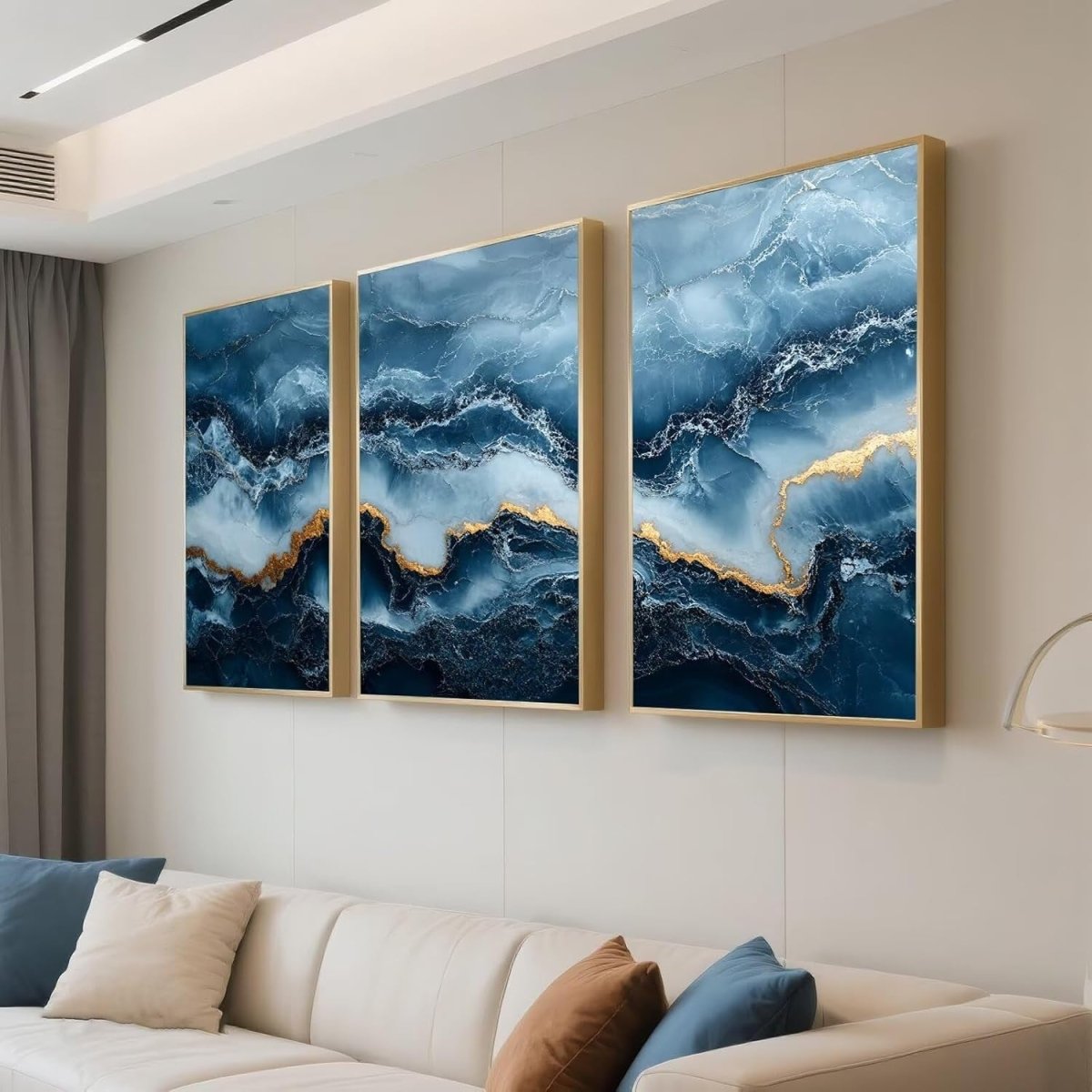Navy Blue Gold Abstract Marble Wall Art Set 3 Framed 40x60cm - Kwikley