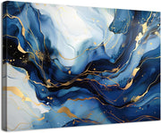 Navy Blue Gold Abstract Wall Art 30x40cm Marble Canvas - Kwikley