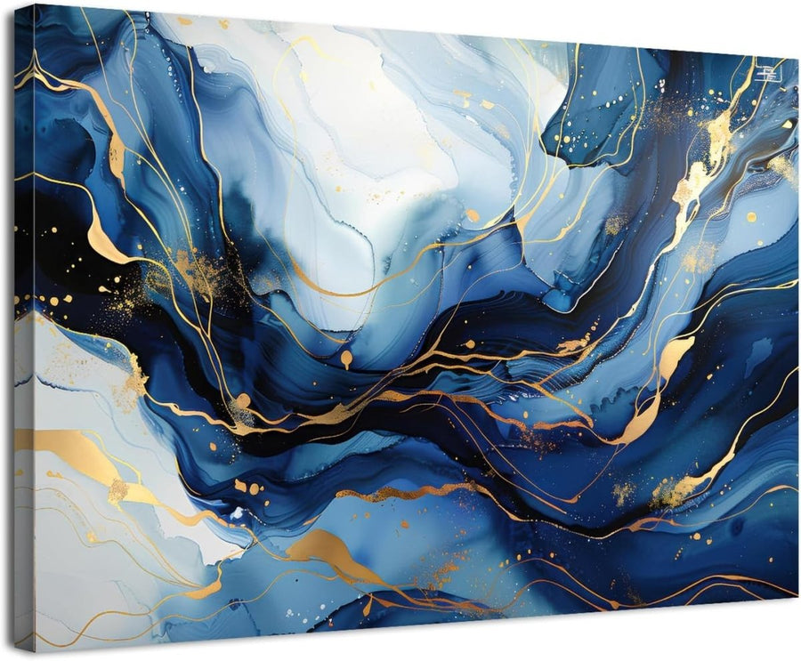 Navy Blue Gold Abstract Wall Art 30x40cm Marble Canvas - Kwikley