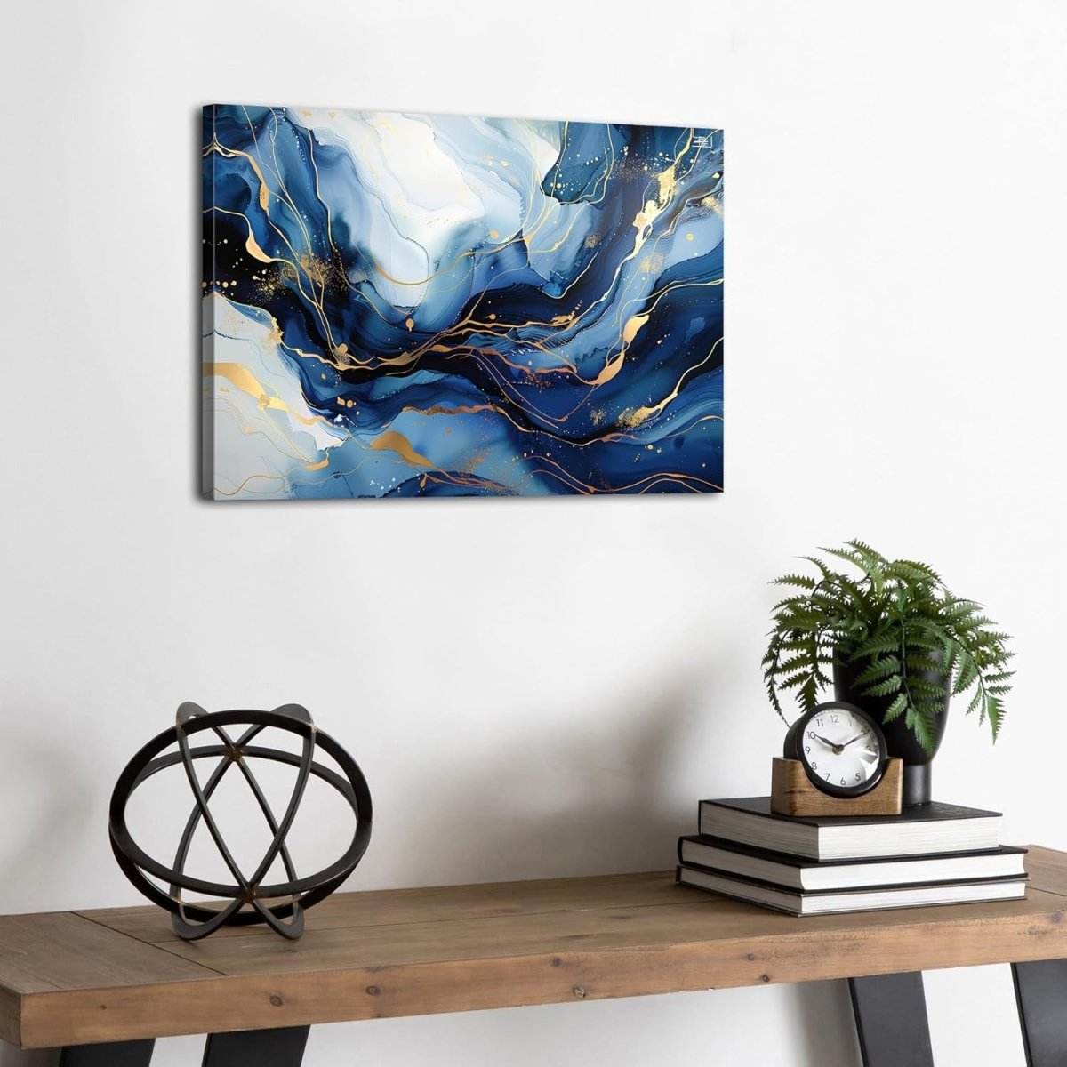 Navy Blue Gold Abstract Wall Art 30x40cm Marble Canvas - Kwikley