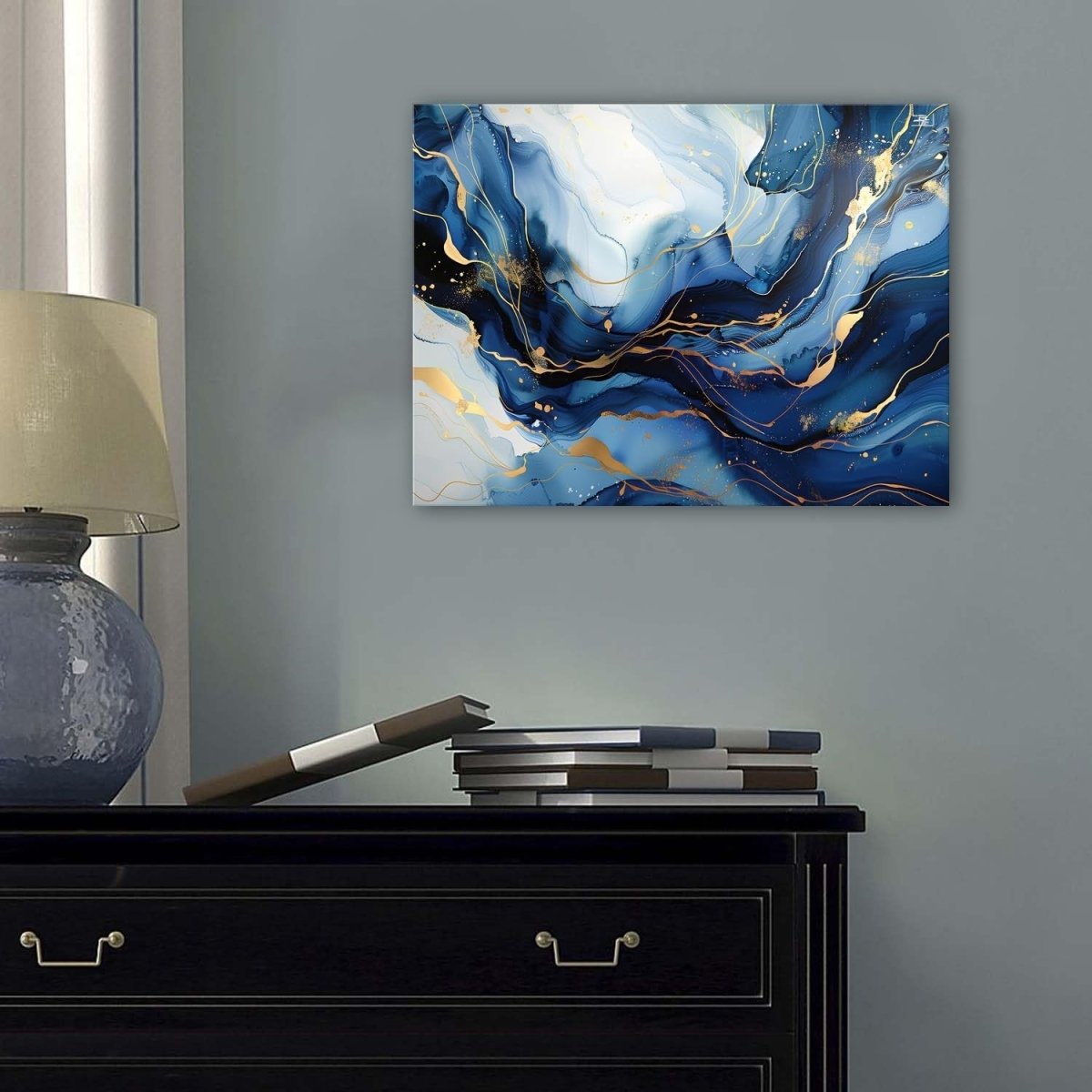 Navy Blue Gold Abstract Wall Art 30x40cm Marble Canvas - Kwikley