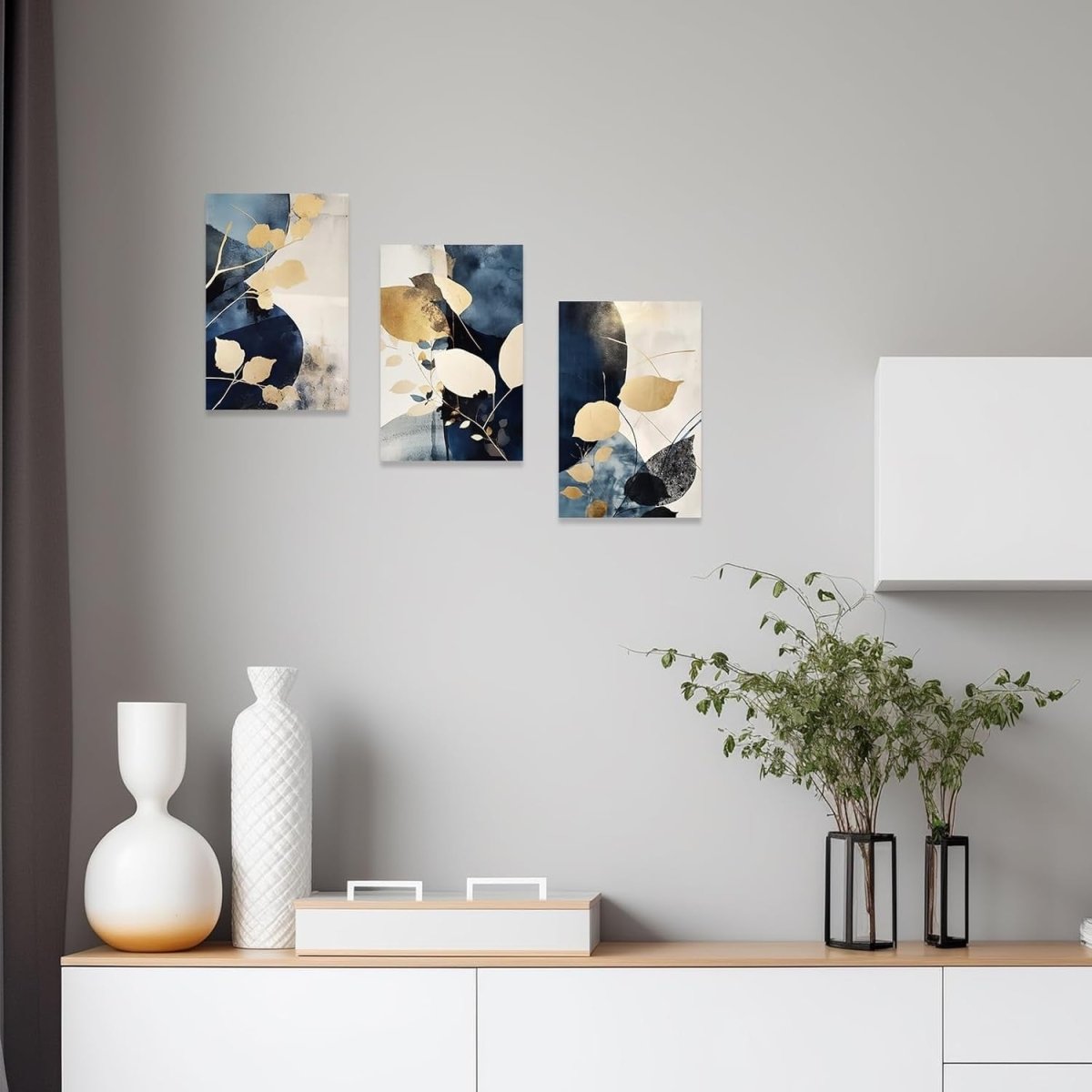 Navy Blue Gold Leaf Canvas Wall Art Set 3x 40x60cm - Kwikley