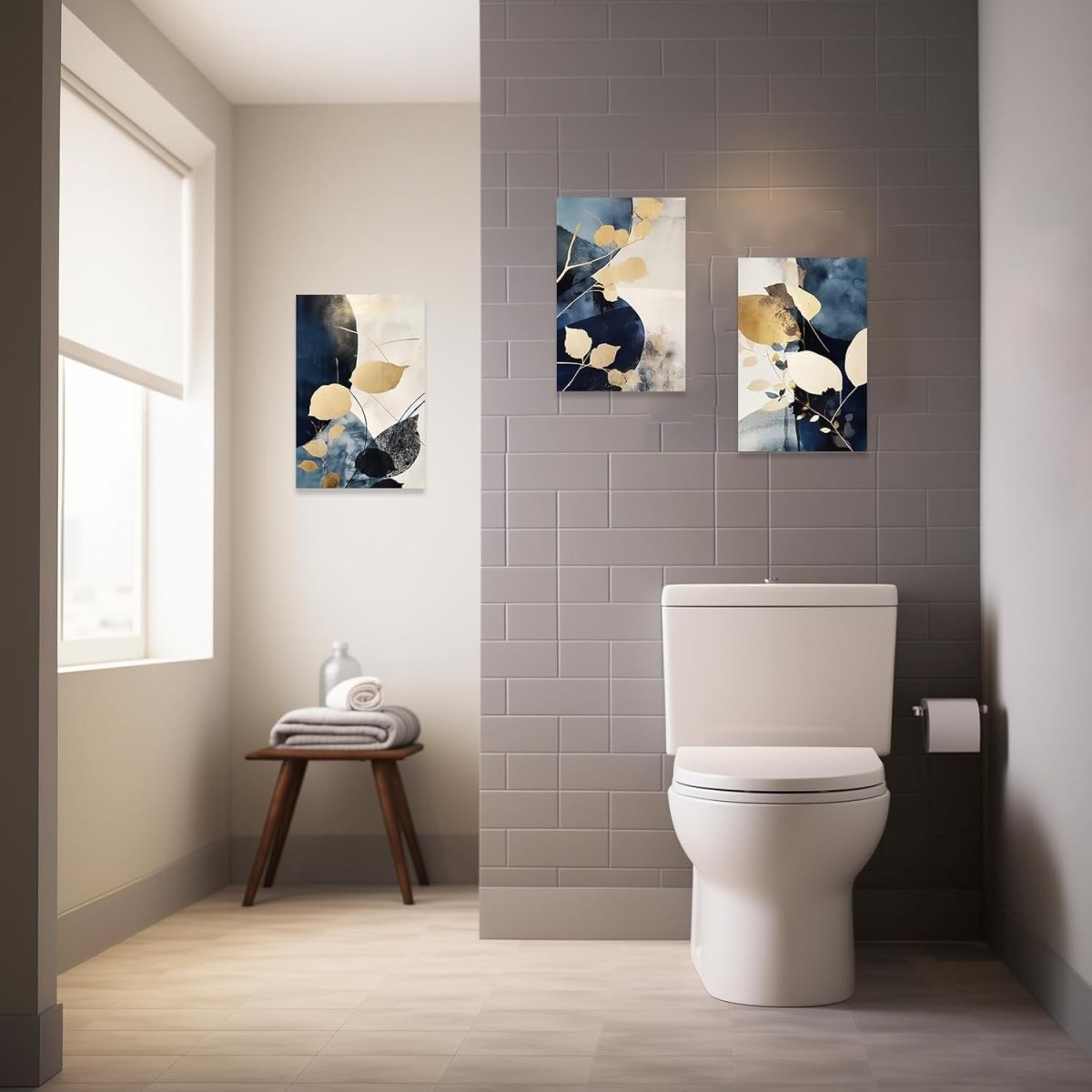 Navy Blue Gold Leaf Canvas Wall Art Set 3x 40x60cm - Kwikley