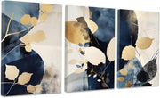 Navy Blue Gold Leaf Canvas Wall Art Set 3x 40x60cm - Kwikley