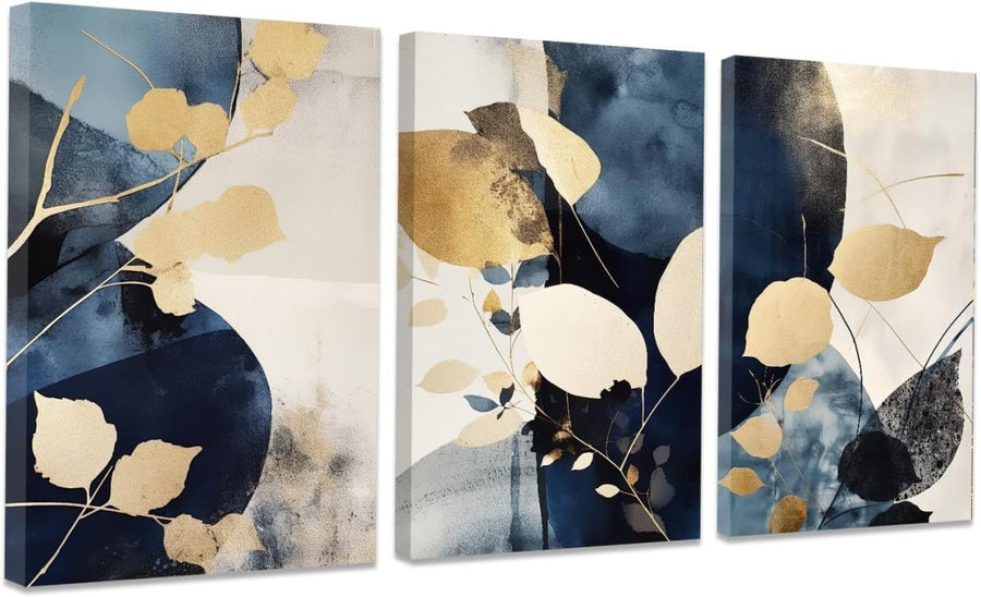 Navy Blue Gold Leaf Canvas Wall Art Set 3x 40x60cm - Kwikley