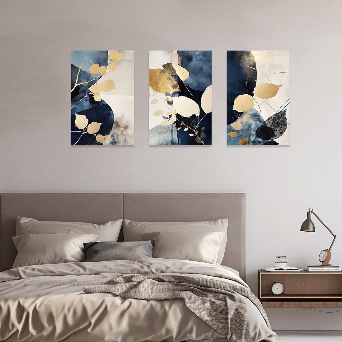 Navy Blue Gold Leaf Canvas Wall Art Set 3x 40x60cm - Kwikley