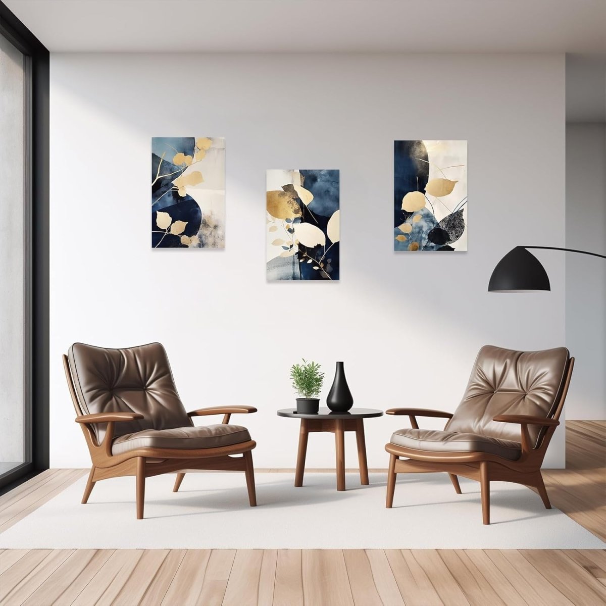 Navy Blue Gold Leaf Canvas Wall Art Set 3x 40x60cm - Kwikley