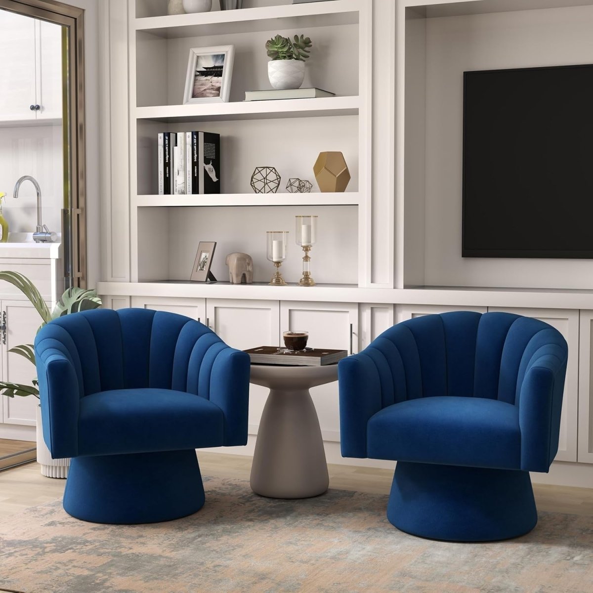 Navy Blue Velvet Swivel Accent Chair Barrel Lounge Armchair - Kwikley