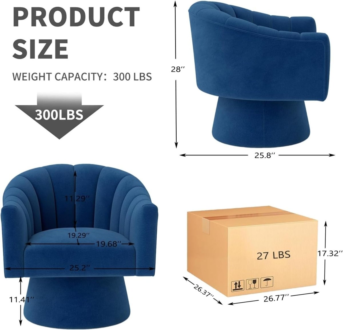 Navy Blue Velvet Swivel Accent Chair Barrel Lounge Armchair - Kwikley