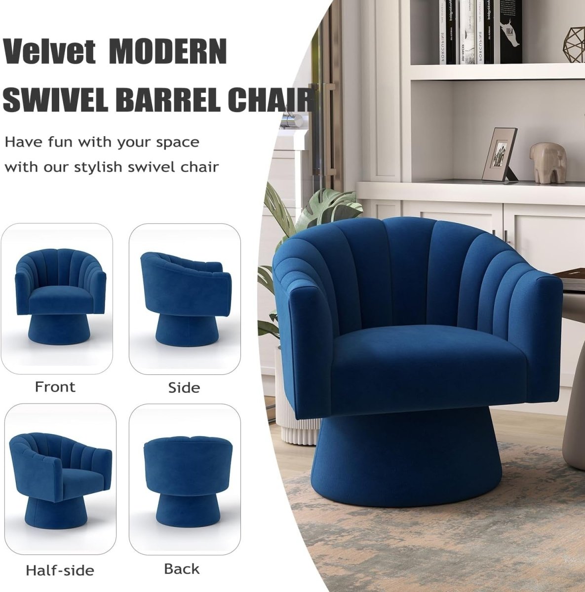 Navy Blue Velvet Swivel Accent Chair Barrel Lounge Armchair - Kwikley