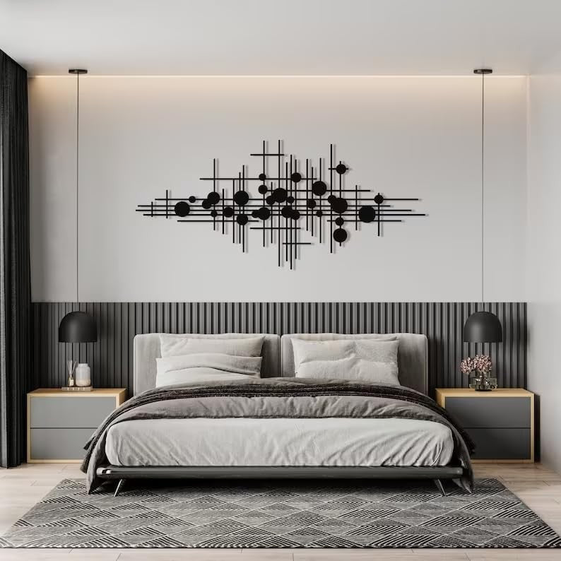 NORTH KAISER Modern Metal Wall Art – Geometric Black Minimalist Decor 60x26 cm - Kwikley