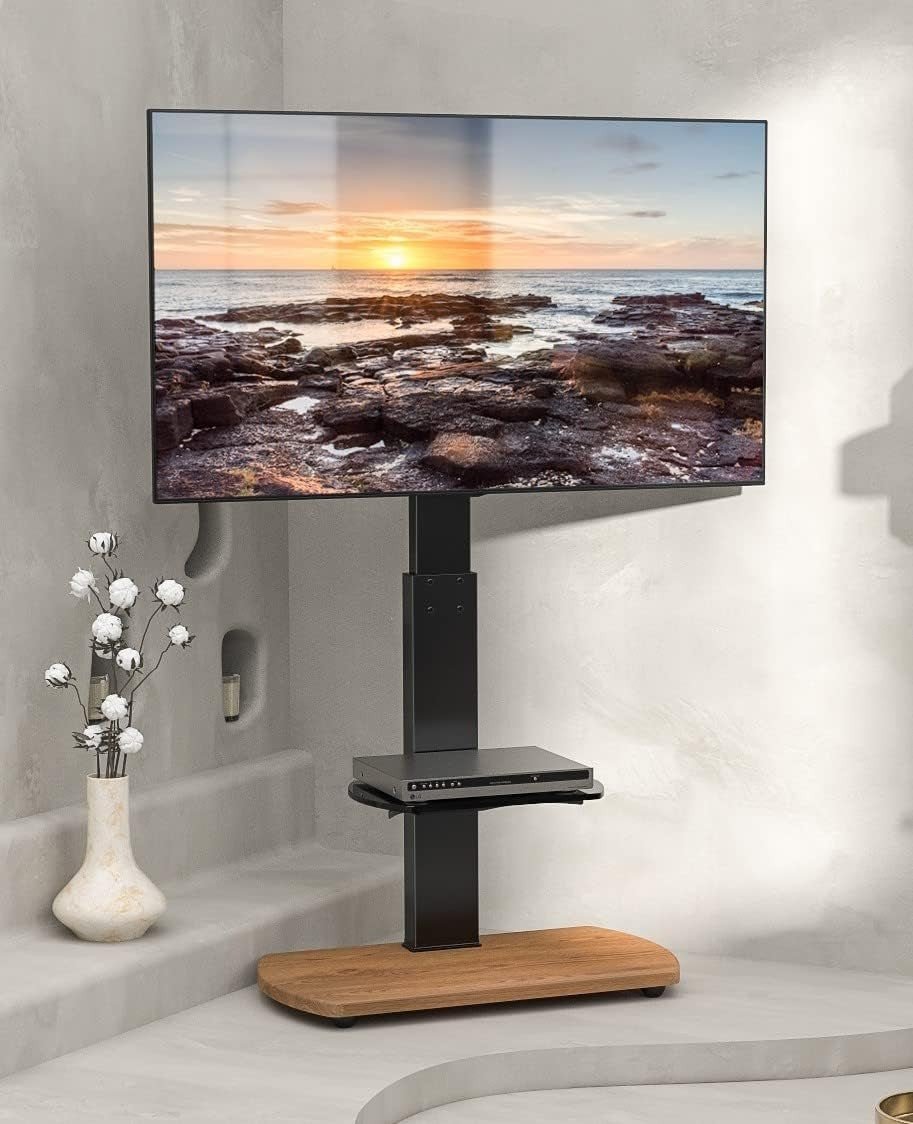 Oak TV Stand for 32–65" TVs with Glass Shelf, Swivel Mount & Height Adjust - Kwikley