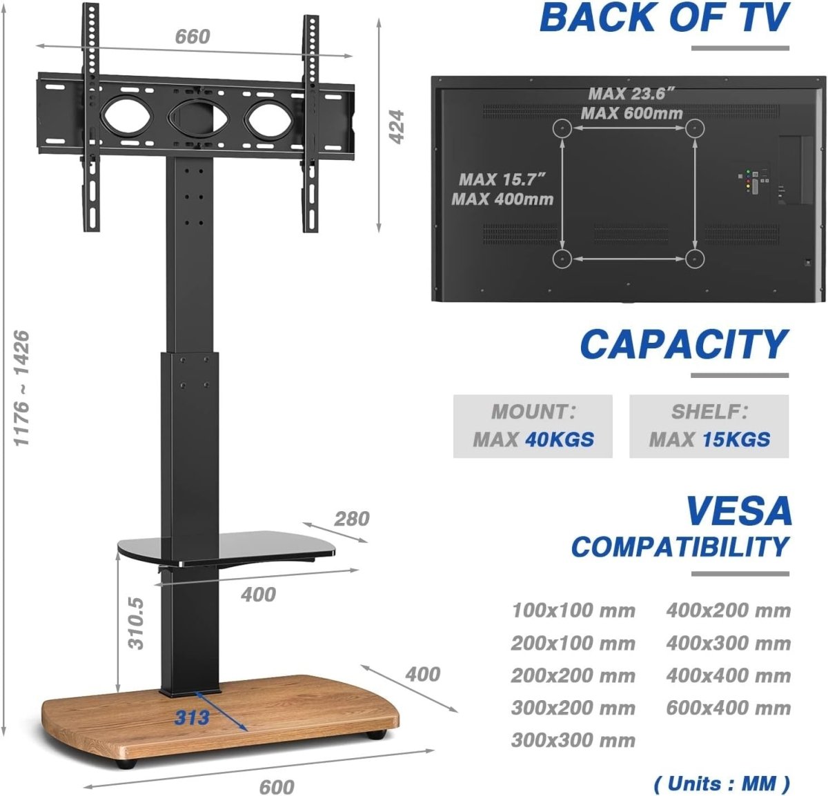 Oak TV Stand for 32–65" TVs with Glass Shelf, Swivel Mount & Height Adjust - Kwikley