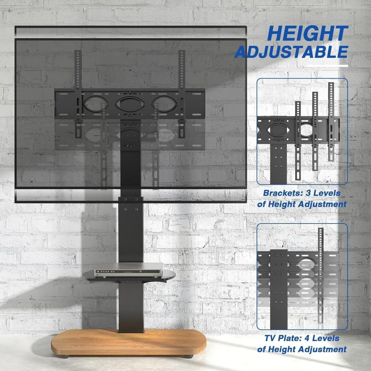 Oak TV Stand for 32–65" TVs with Glass Shelf, Swivel Mount & Height Adjust - Kwikley