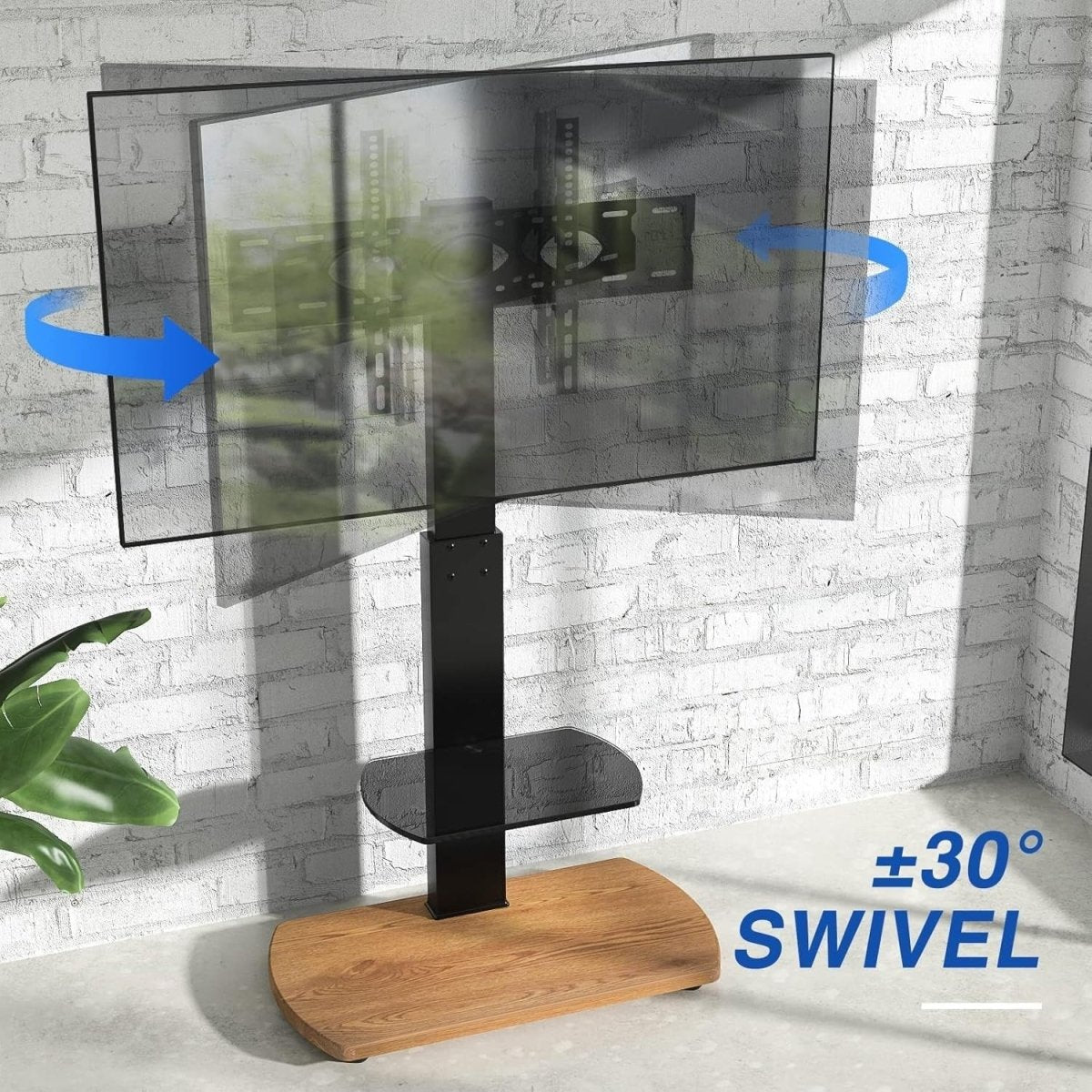 Oak TV Stand for 32–65" TVs with Glass Shelf, Swivel Mount & Height Adjust - Kwikley