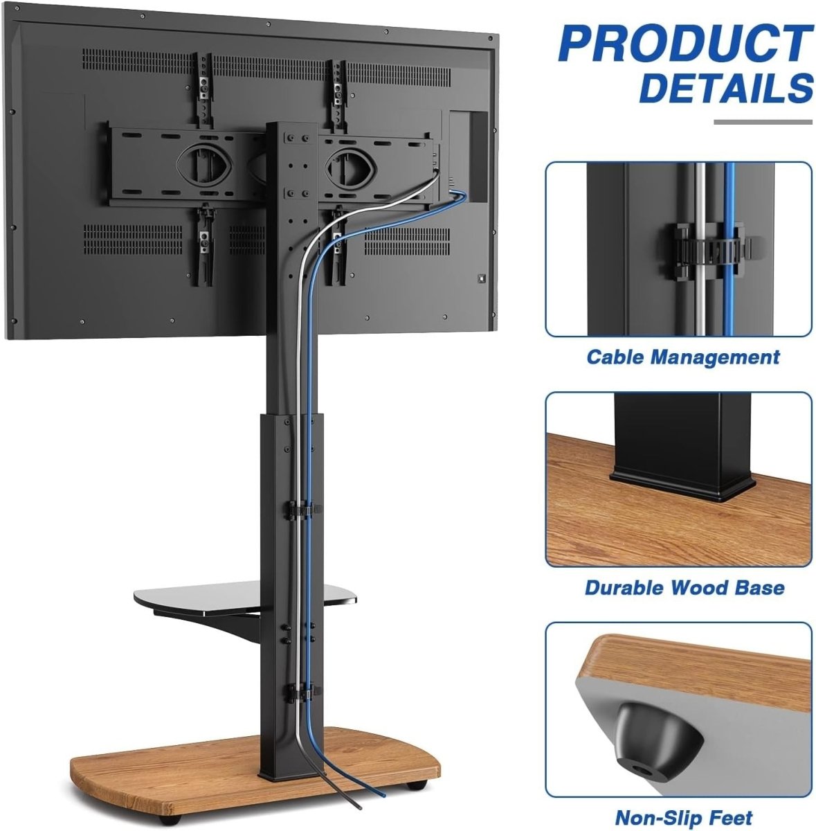 Oak TV Stand for 32–65" TVs with Glass Shelf, Swivel Mount & Height Adjust - Kwikley
