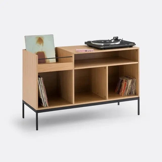 Oak Vinyl Record Storage Unit with Steel Legs – Modern Media Console - Kwikley