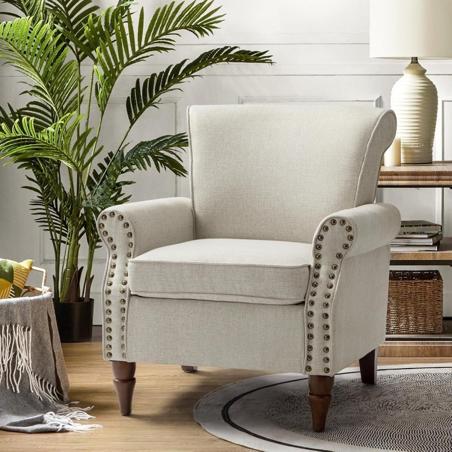 Oatmeal Wingback Accent Chair Comfy Upholstered Lounge Living Room Seat - Kwikley