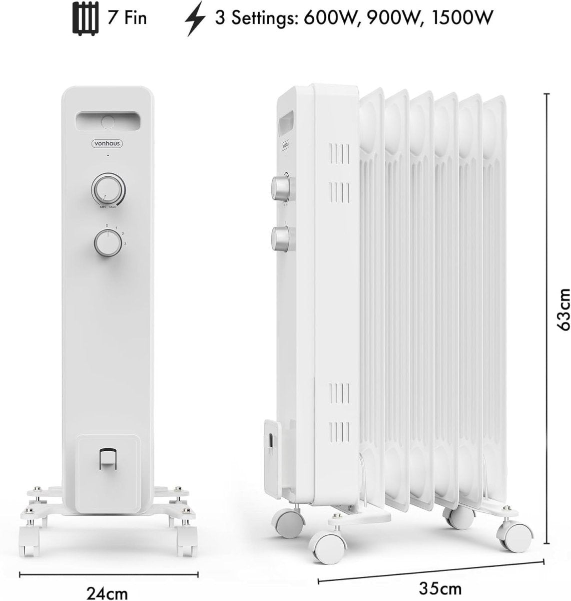 Oil Filled Radiator 1500W Portable Electric Heater 7 Fin Thermostat Wheels - Kwikley