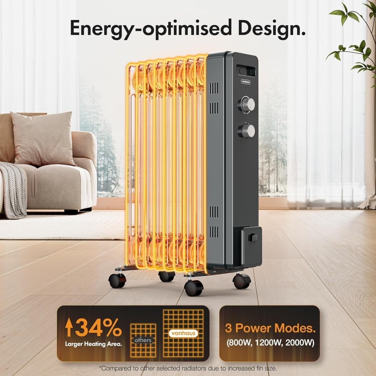 Oil Filled Radiator 2000W Electric Heater 9 Fin Thermostat Portable Grey - Kwikley