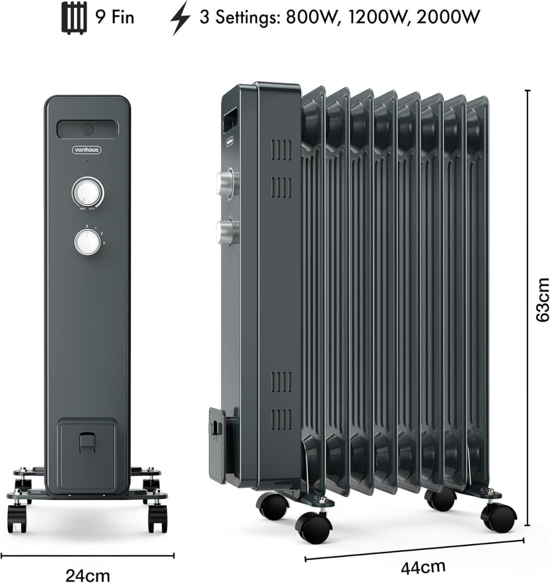 Oil Filled Radiator 2000W Electric Heater 9 Fin Thermostat Portable Grey - Kwikley