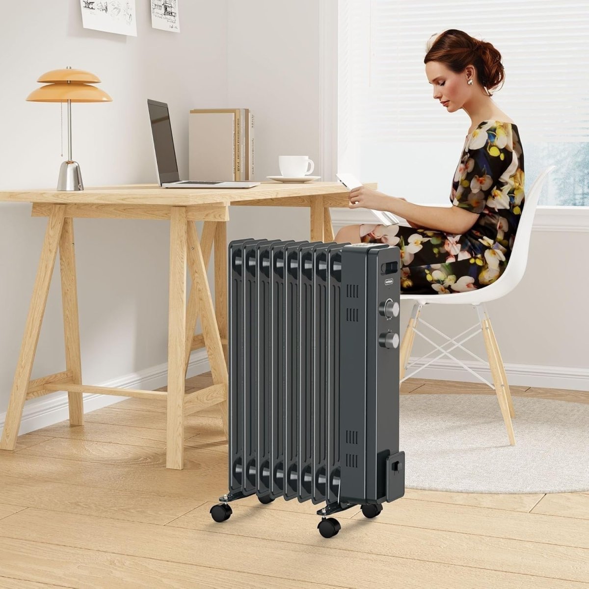 Oil Filled Radiator 2000W Electric Heater 9 Fin Thermostat Portable Grey - Kwikley