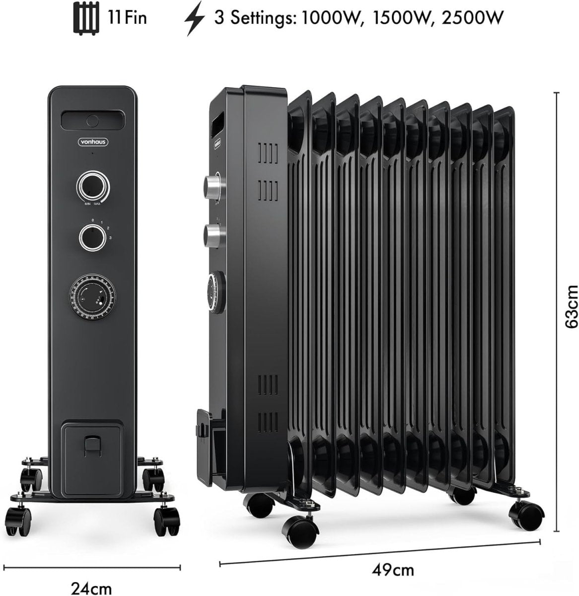 Oil Filled Radiator 2500W Electric Heater 11 Fin Timer Thermostat Wheels - Kwikley