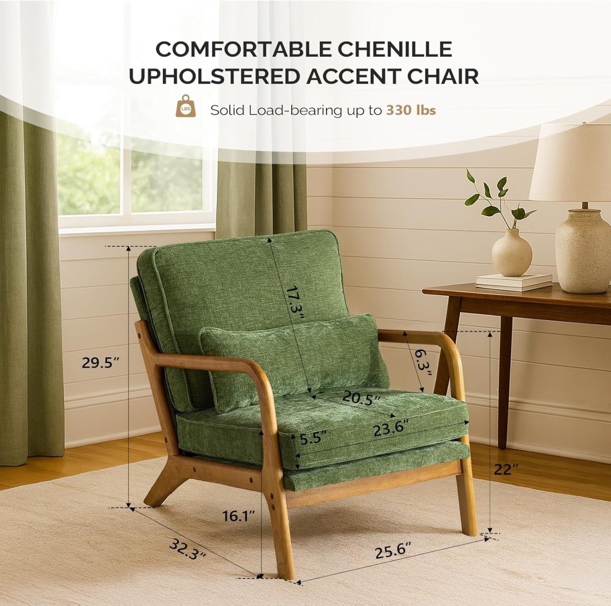 Olive Green Chenille Accent Chair – Solid Wood Lounge Armchair - Kwikley