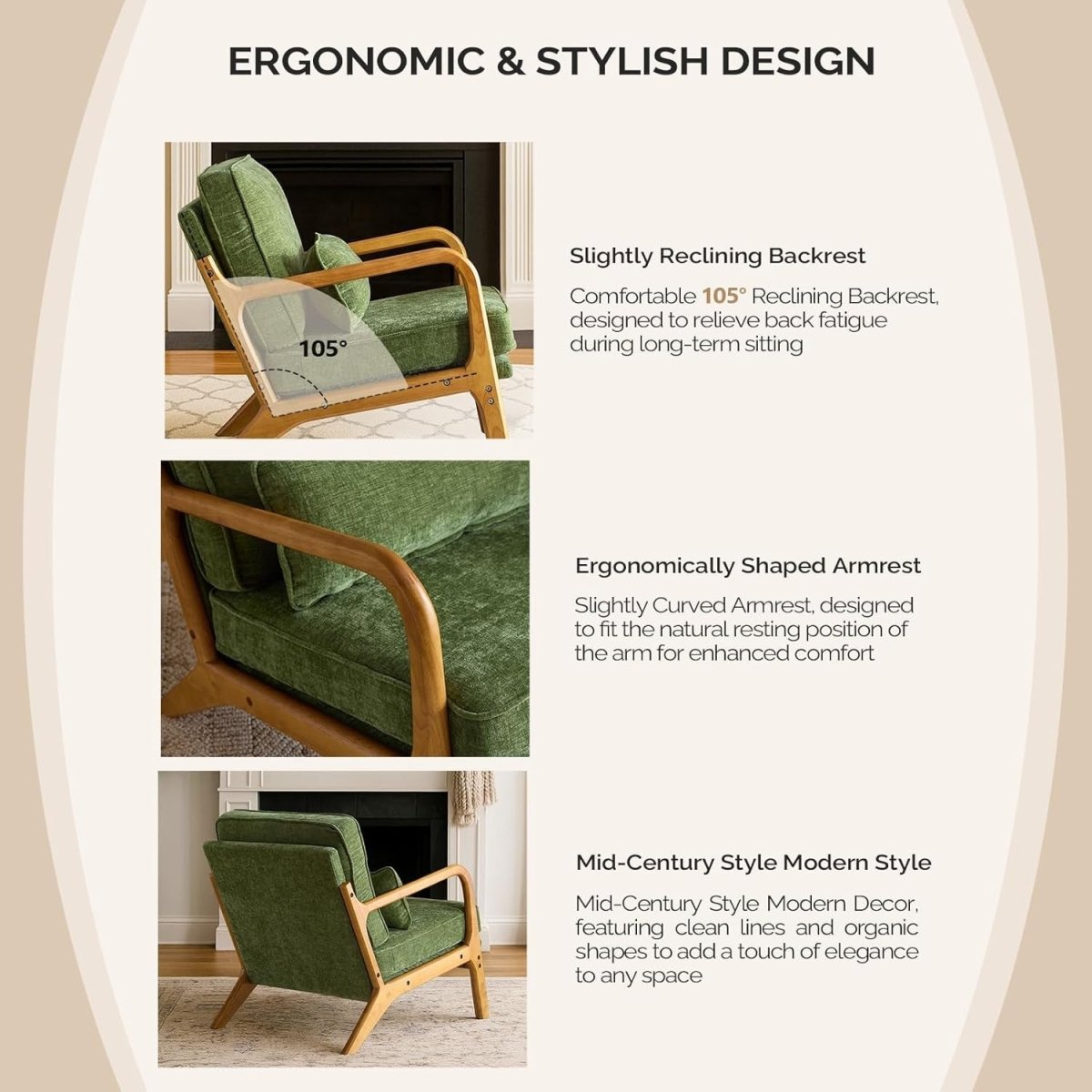 Olive Green Chenille Accent Chair – Solid Wood Lounge Armchair - Kwikley