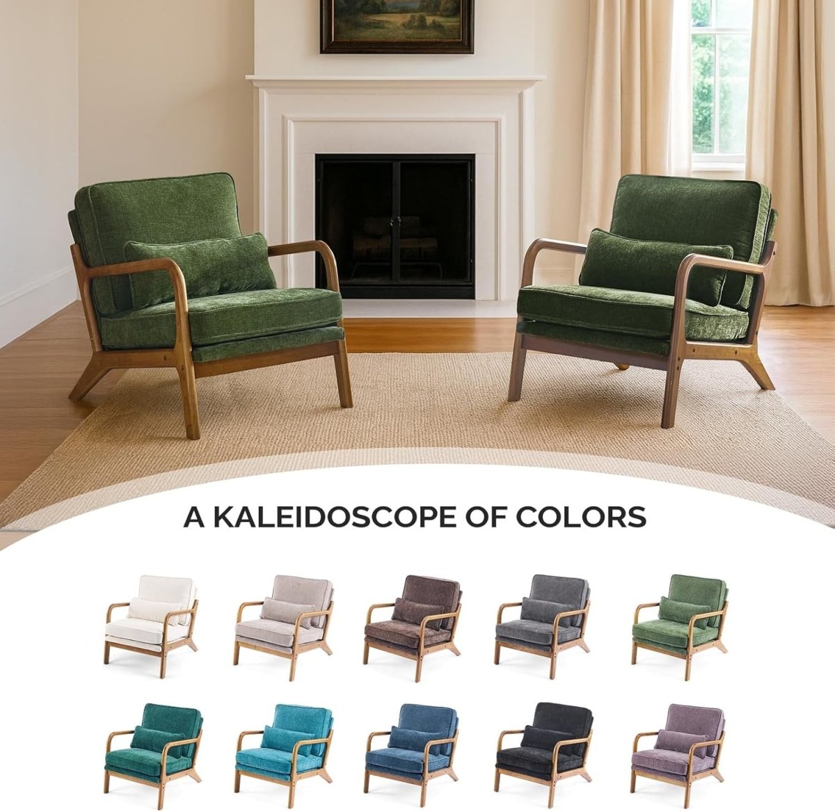 Olive Green Chenille Accent Chair – Solid Wood Lounge Armchair - Kwikley
