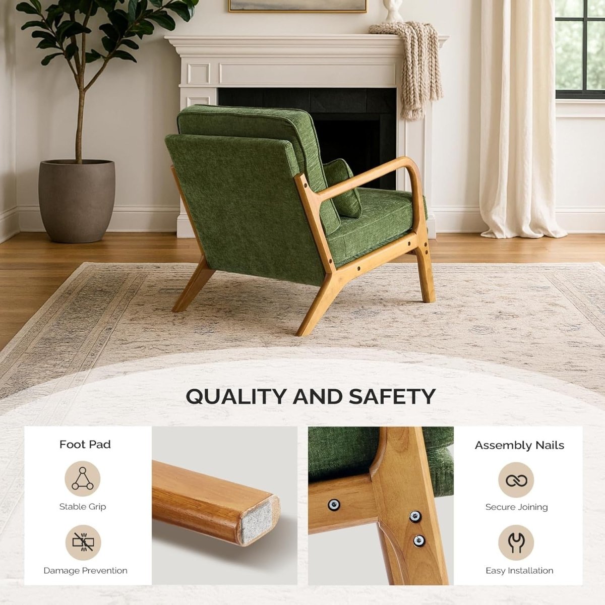 Olive Green Chenille Accent Chair – Solid Wood Lounge Armchair - Kwikley