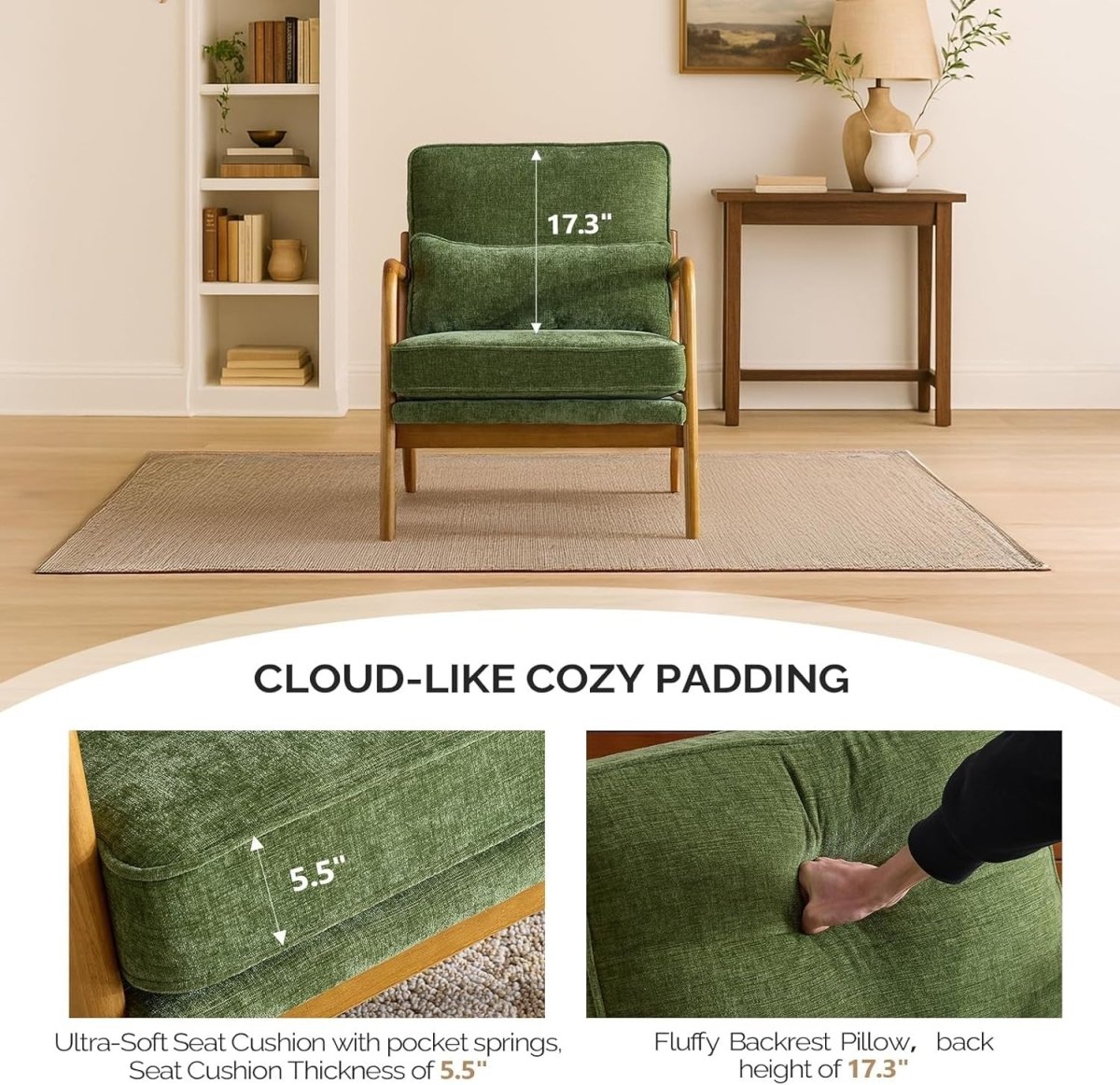 Olive Green Chenille Accent Chair – Solid Wood Lounge Armchair - Kwikley