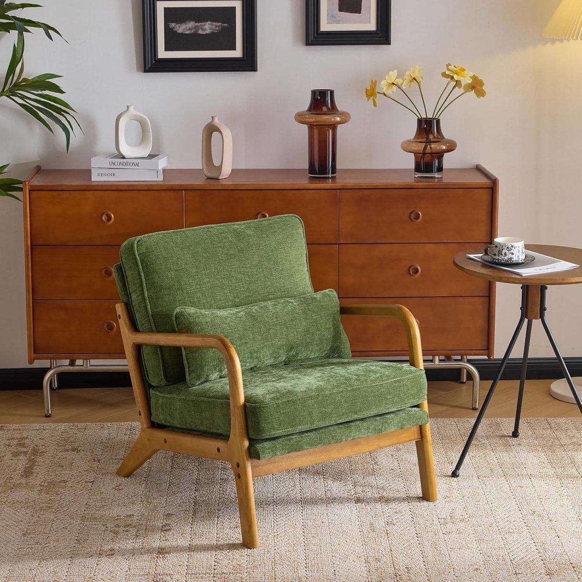 Olive Green Chenille Accent Chair – Solid Wood Lounge Armchair - Kwikley