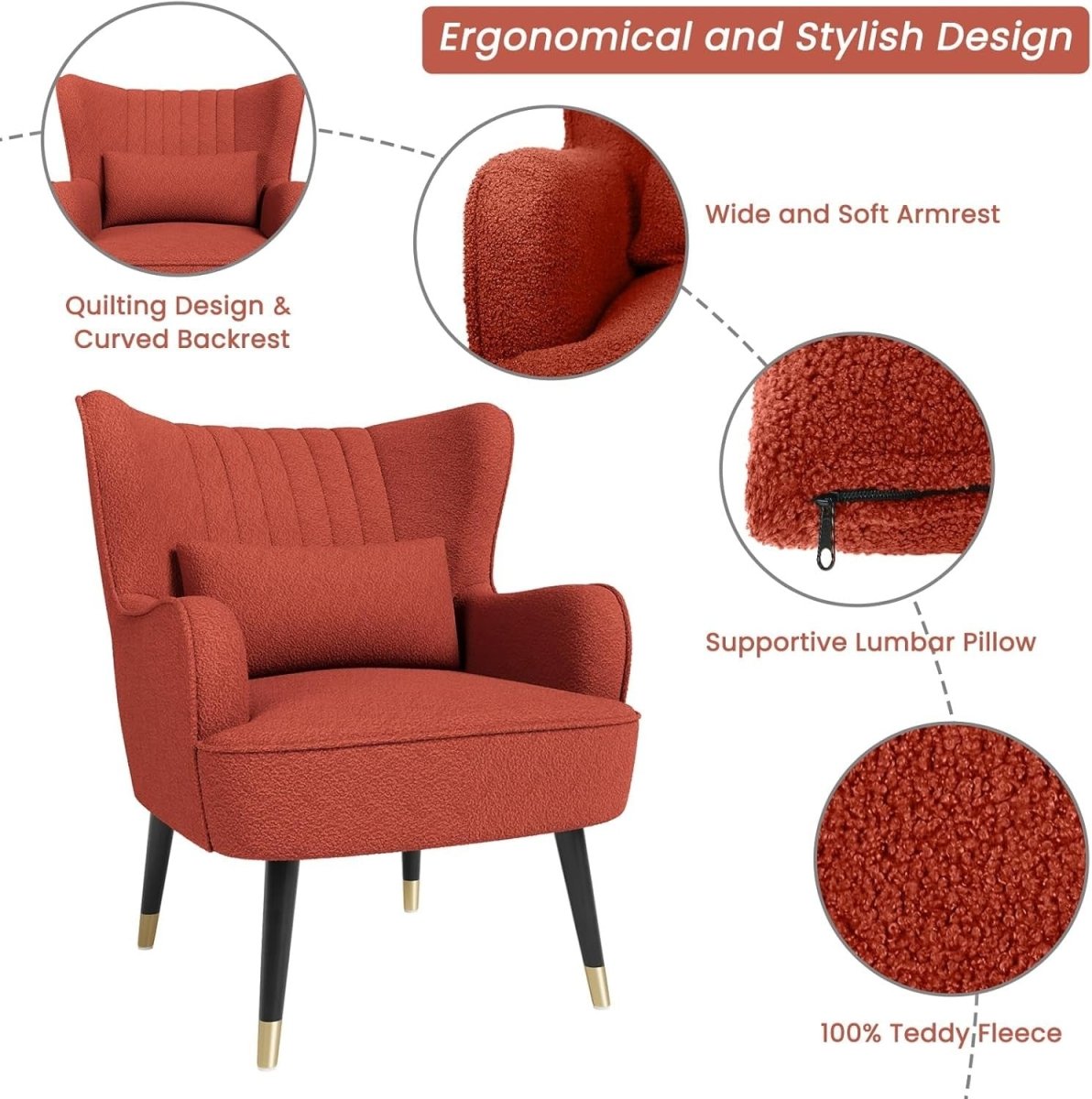 Orange Red Teddy Fleece Wing Back Accent Chair Lounge Armchair - Kwikley
