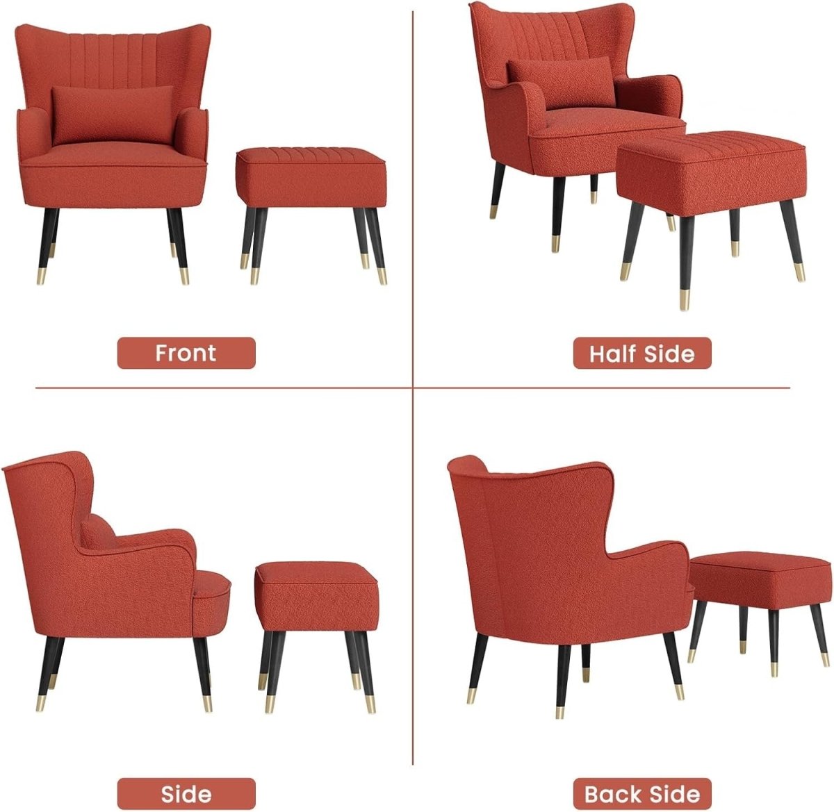 Orange Red Teddy Fleece Wing Back Chair & Footstool Set - Kwikley