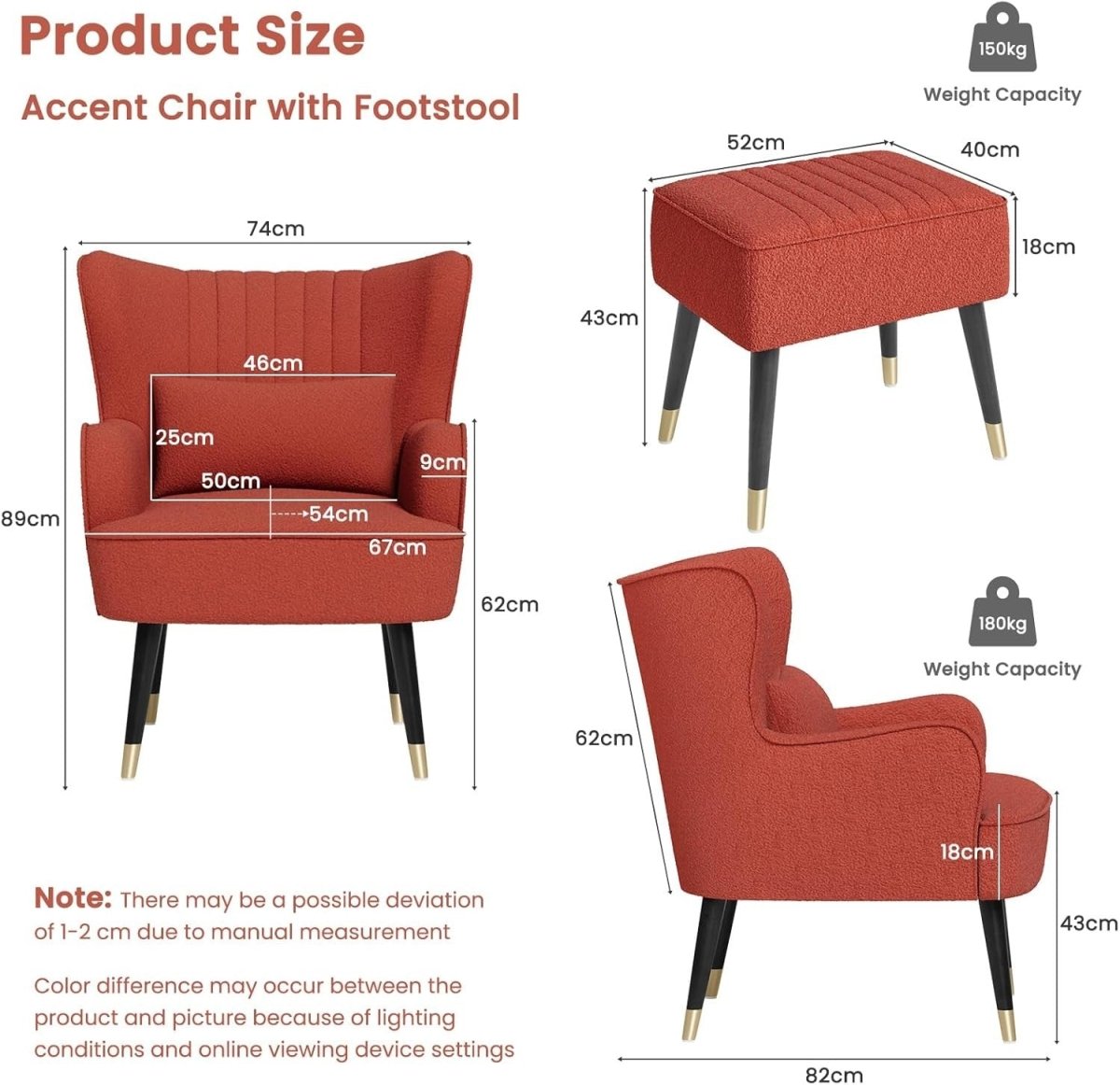 Orange Red Teddy Fleece Wing Back Chair & Footstool Set - Kwikley