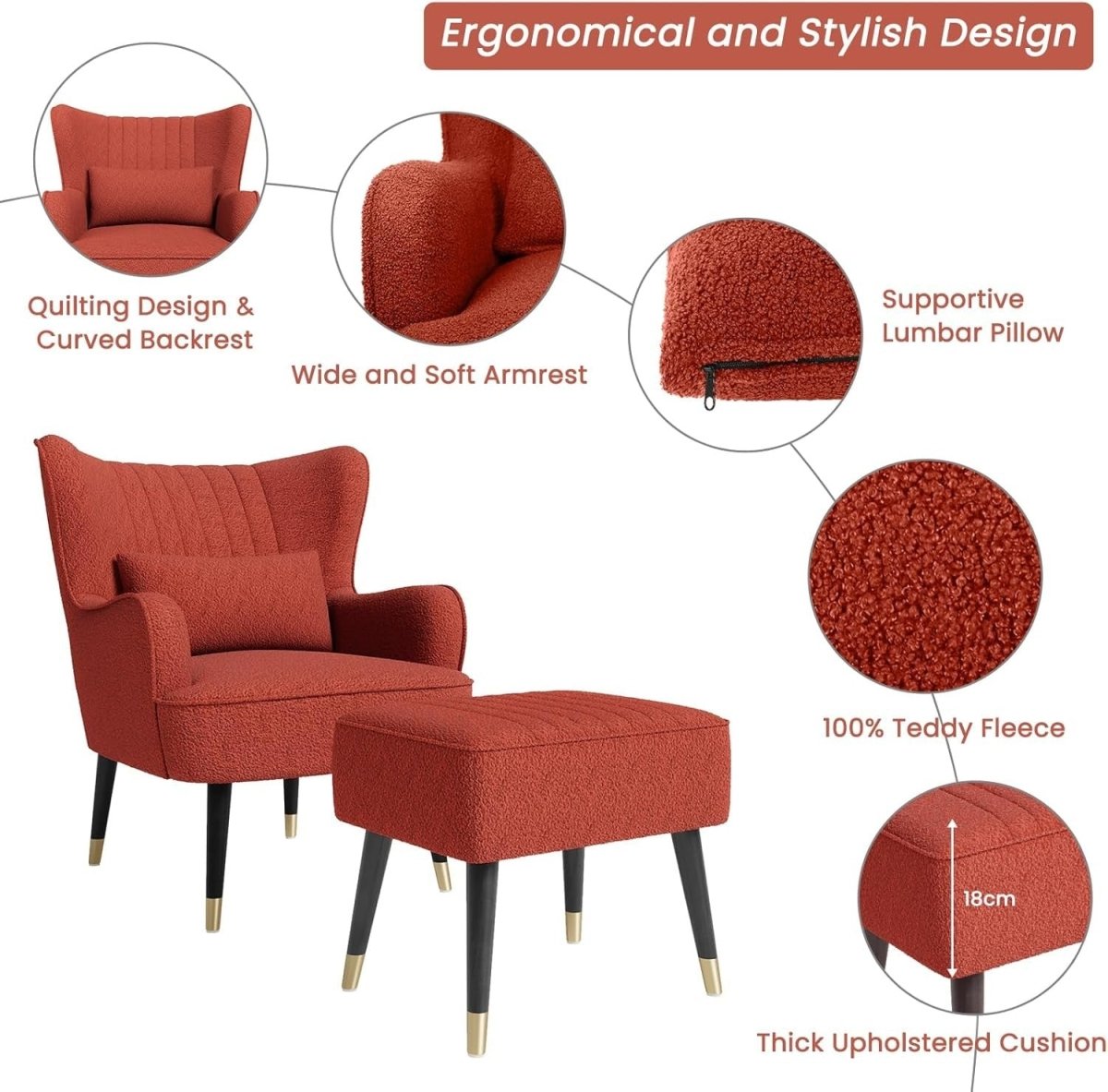 Orange Red Teddy Fleece Wing Back Chair & Footstool Set - Kwikley