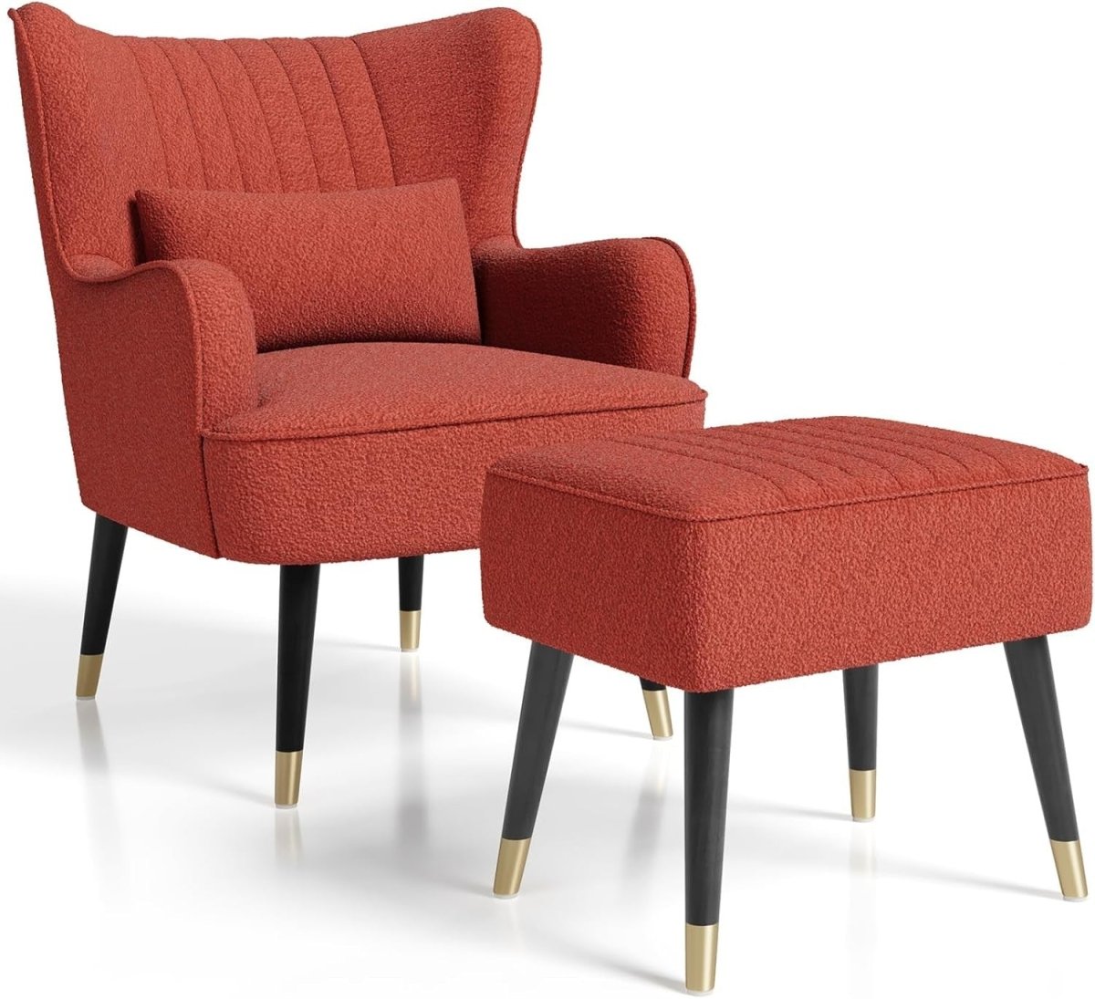 Orange Red Teddy Fleece Wing Back Chair & Footstool Set - Kwikley