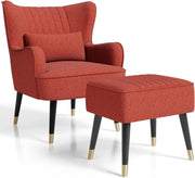 Orange Red Teddy Fleece Wing Back Chair & Footstool Set - Kwikley